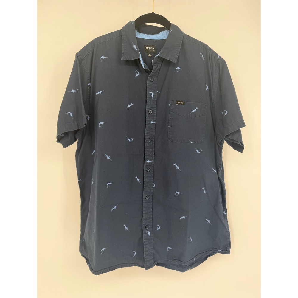Matix Mens XL Short Sleeve Button Down Shirt Navy Blue Marlin Swordfish Print